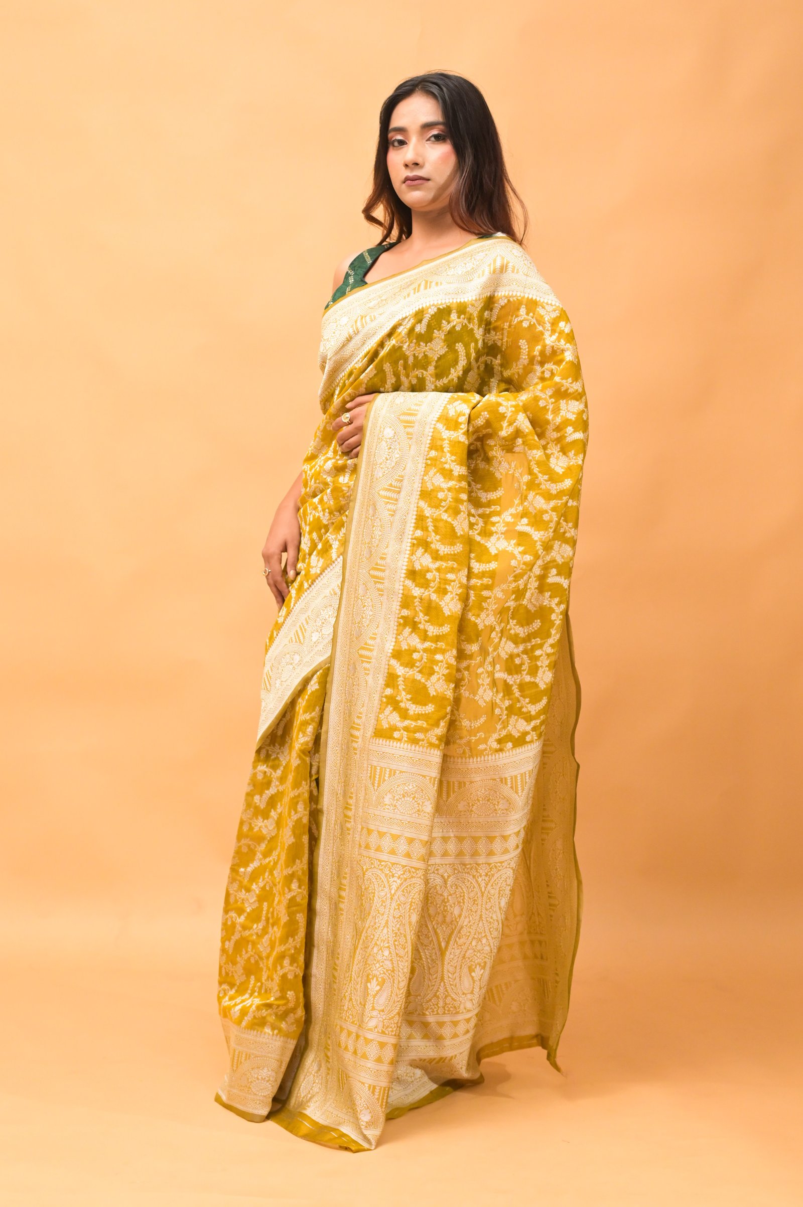 Leaf Jaal Ochre  Pure Cotton Saree With Strip Blouse